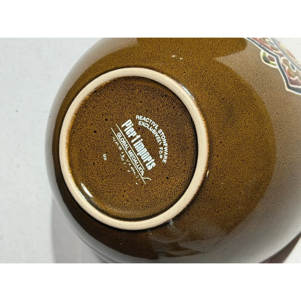 Pier 1 Imports Global Medallion Reactive Stoneware Cereal Bowls Set of 3 Green